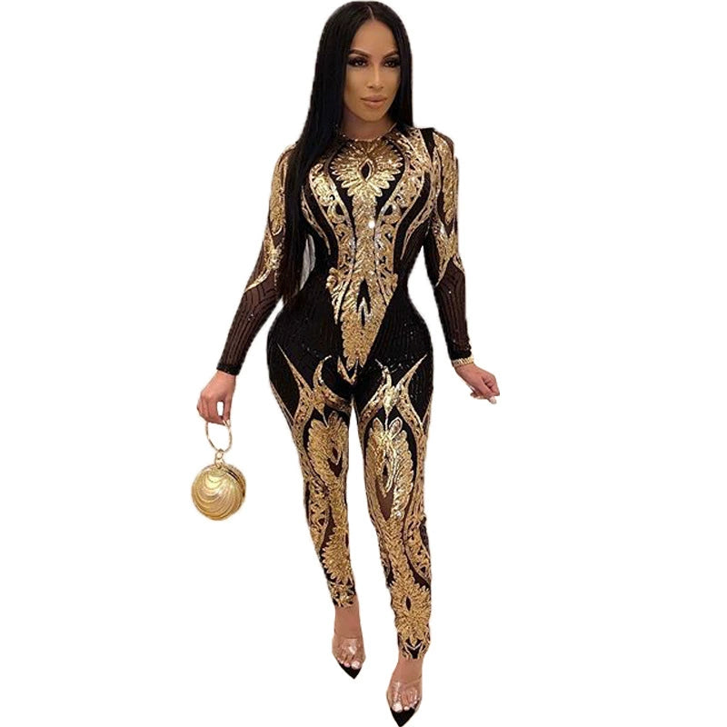 Women's High-End Long-Sleeve See-through Sequin Jumpsuit