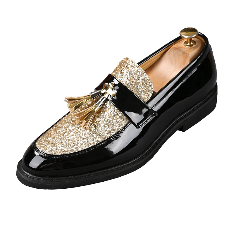 European and American-Style Pointed-Toe Slip-on Patent Leather Sequins Loafers