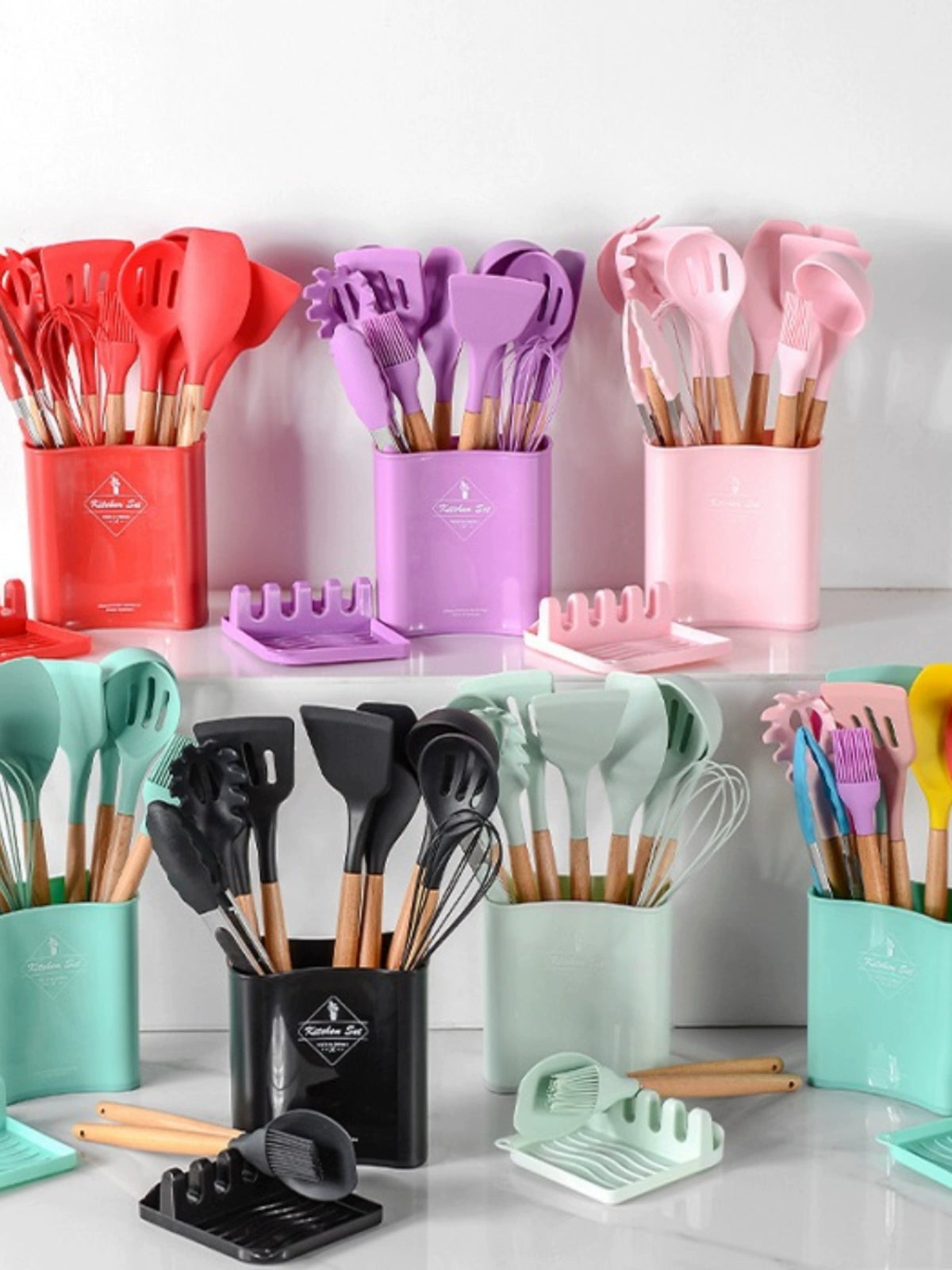 Non-Stick Pan Dedicated Spatula Kitchenware 12-Piece Set Household Cooking Spoon High Temperature Resistant Wooden Handle Silicone Spatula Set