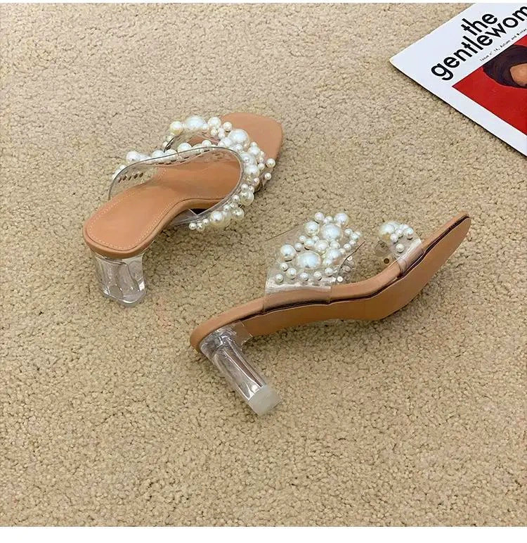 2023 Autumn New Ethnic Style High Heel Slippers Women's Outer Wear Chunky Heel Pearl Flip Flops 31 32 33 Small Size