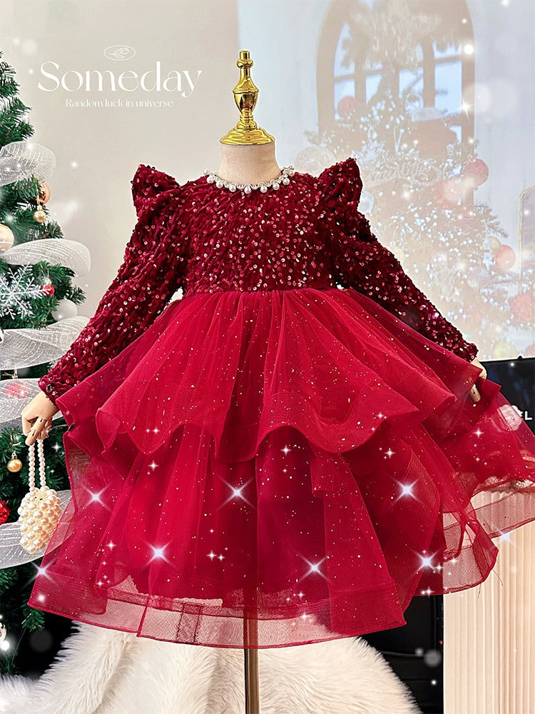 Girl's Princess Dress Fall and Winter Classy Little Girl Fleece-lined Sequins Dress Children's Western Style New Year Red New Year Clothes