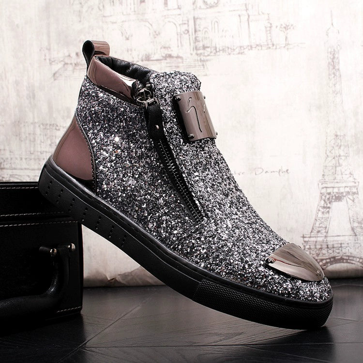 New Men's British Hair Stylist Sequins High-Top Board Shoe