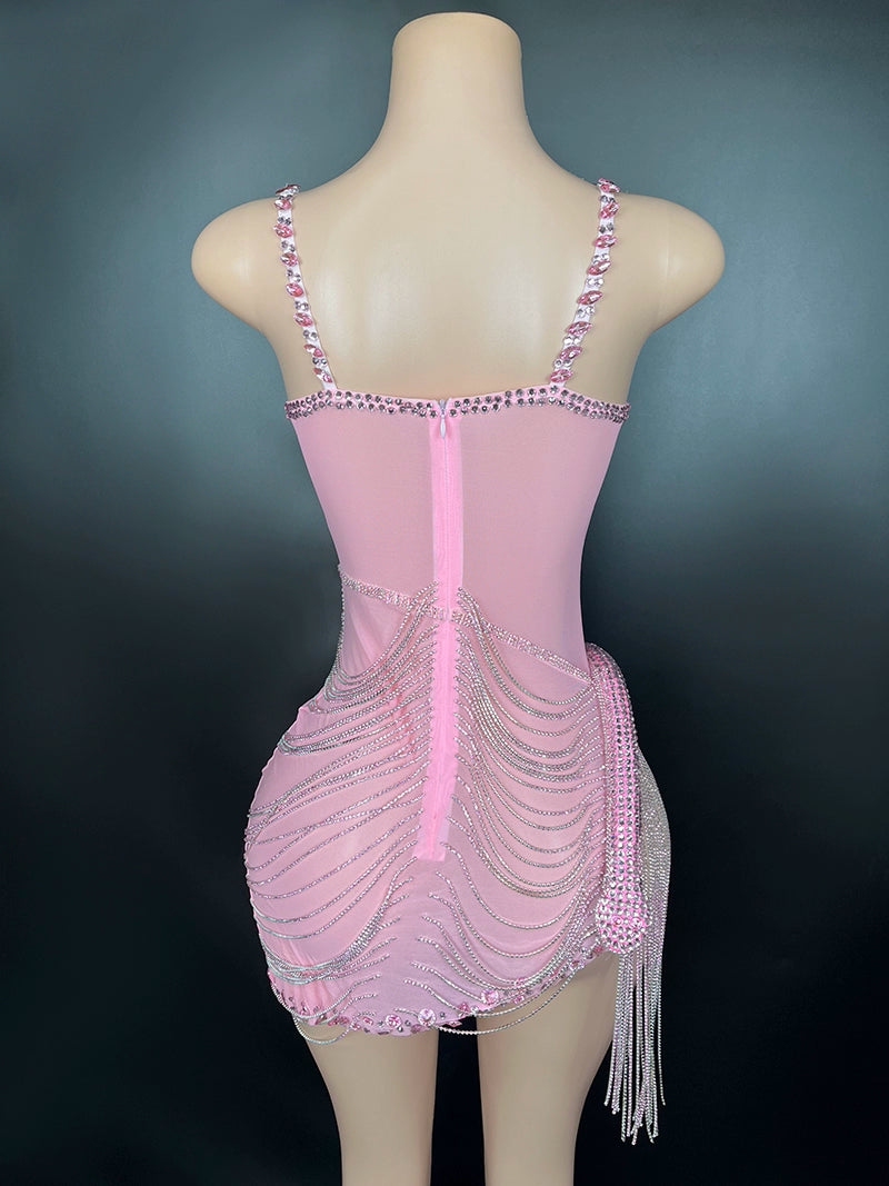 Latin Dance Dancing Dress Pink Cute Sexy Sling Stage Costume Personality Diamond Stud Ultra Short Bodycon Dress Elegant