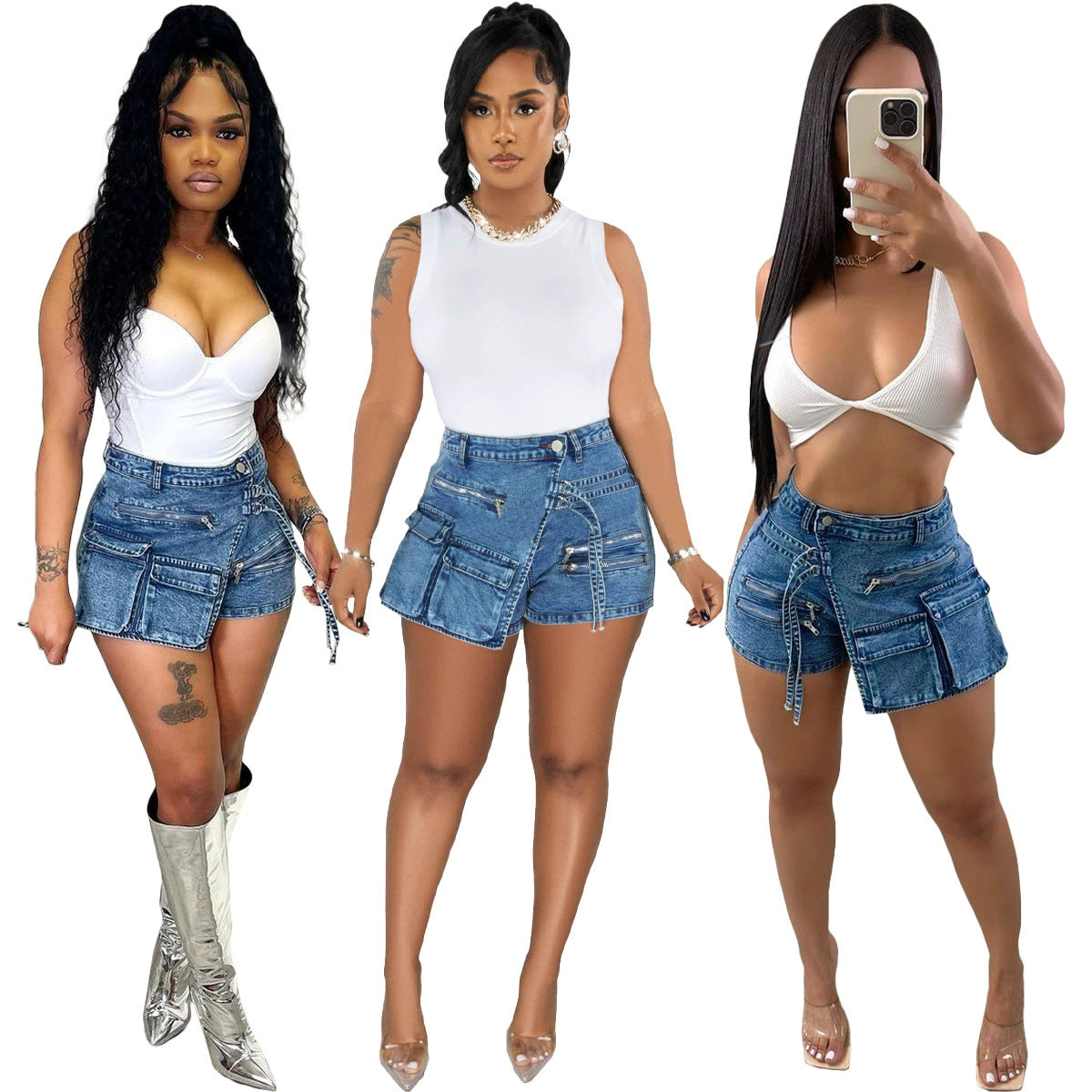 Casual Multi Pocket Straight Leg Jeans Wmen Pants Denim Shorts for Women