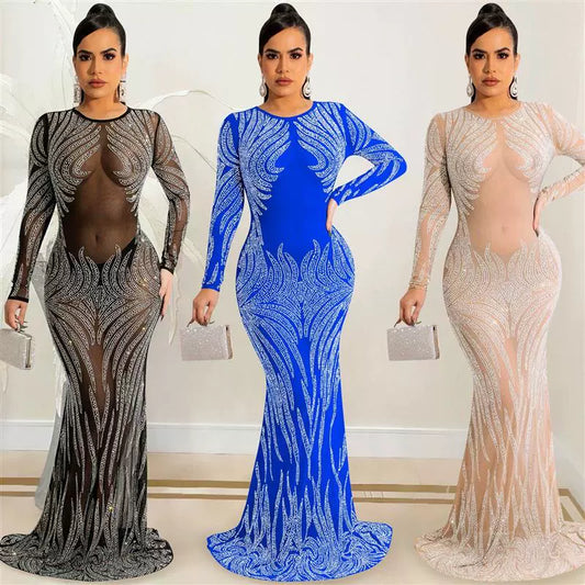 X5606 Amazon Mesh See-through Dress Rhinestone