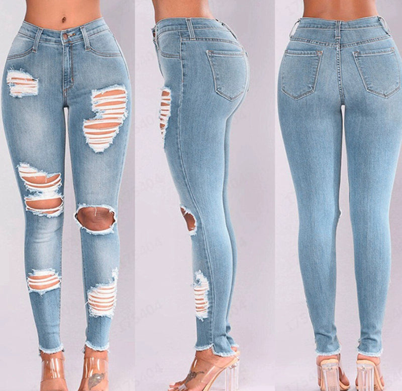 2023 Fashion Elastic Jeans Ripped Women Ladies Jeans Pants Female