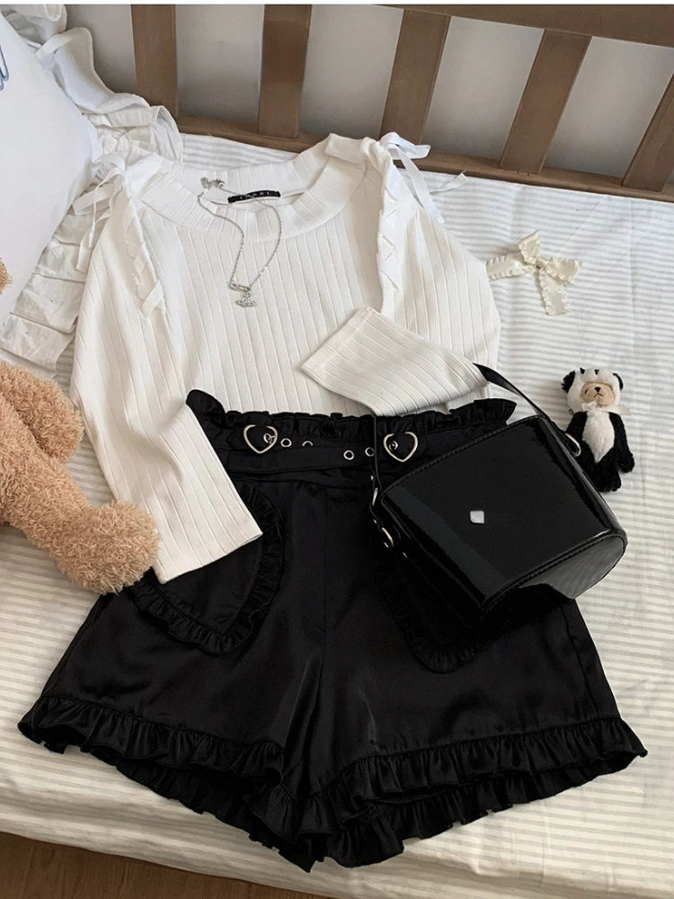 Japanese Sweet Lolita Shorts Women's Gothic Love Ruffles Pocket High Waist Short Pants Cute Girls Harajuku Black Pink Y2k Shorts