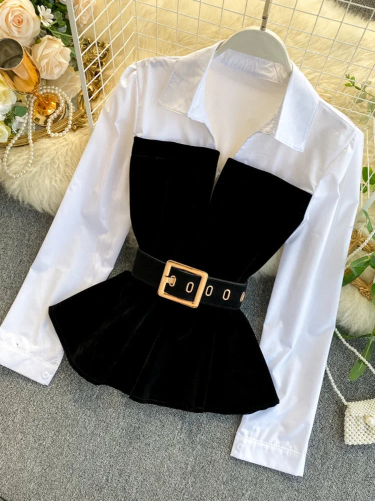 DEAT 2024 Spring Spring Long Sleeve Patchwork Velvet Size Small Tops With Belt High Waist Shorts Two Piece Set Women MH334