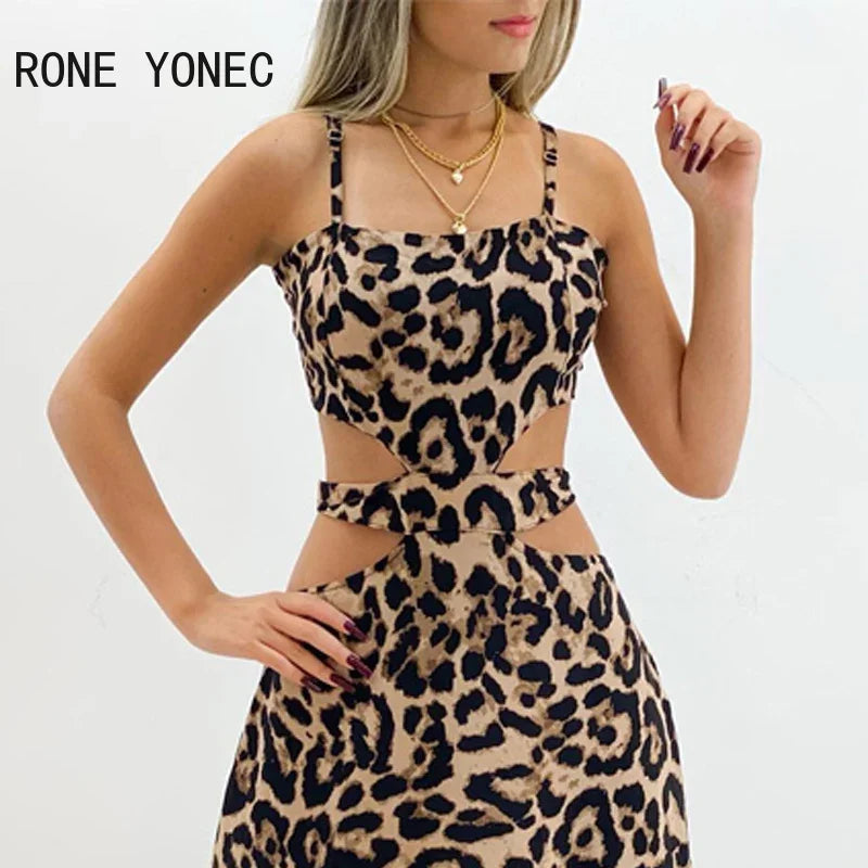 Women Elegant Lace Up Sexy Leopard Pattern Spaghetti Straps Midriff Ruffles Maxi Sexy Dresses