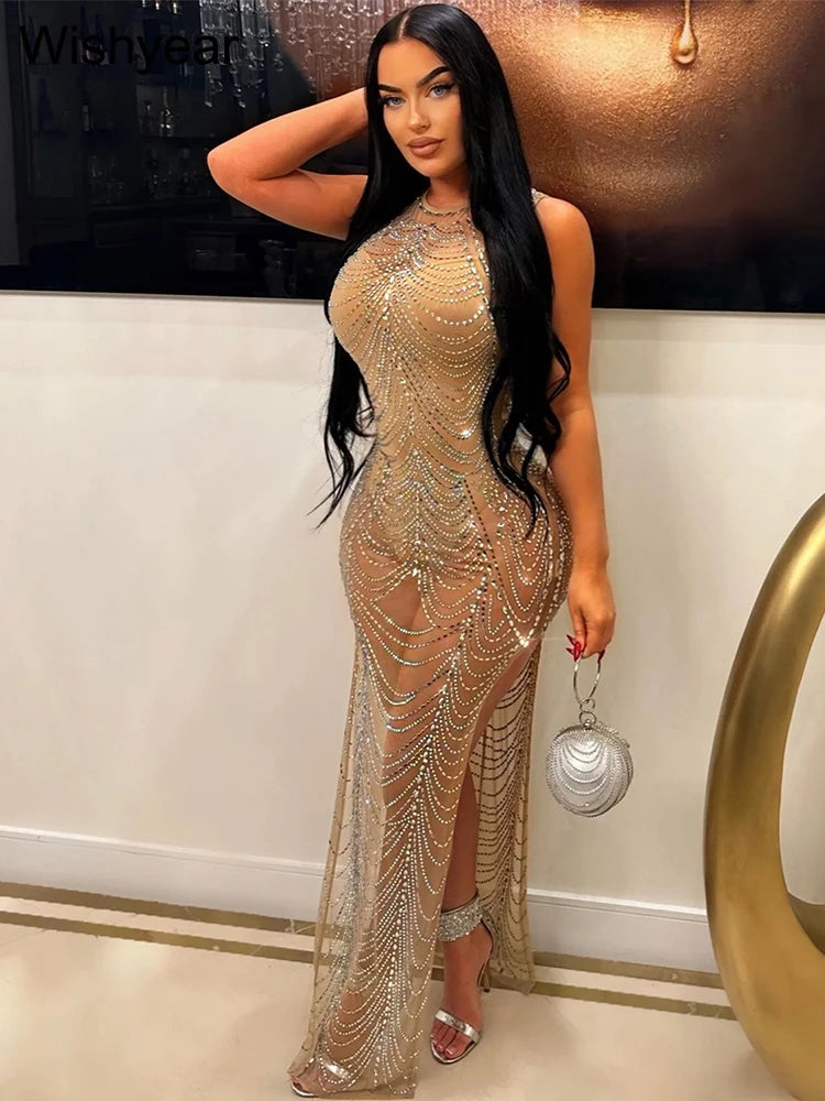 Sexy Sleeveless Diamonds Rhinestones Mesh Birthday Bodycon Maxi Dress for Women Christmas Party Evening Night Club Prom Vestidos