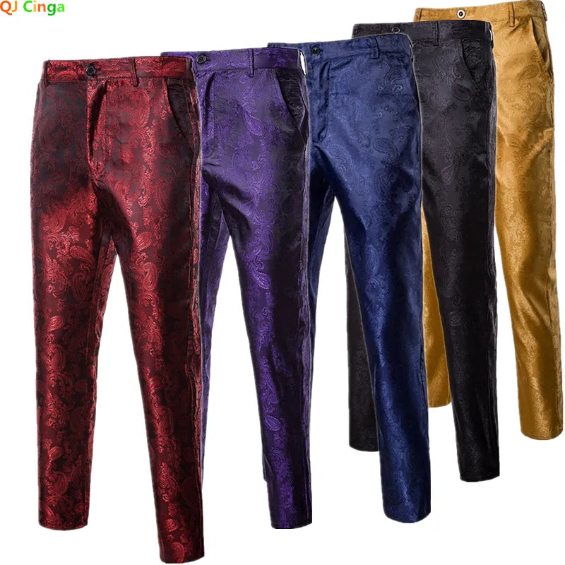 Spring Thin Purple Floral Suit Pants Men Wedding Party Dresses Pants Fashion Casual Trousers Gold Red Black Pantalones Hombre