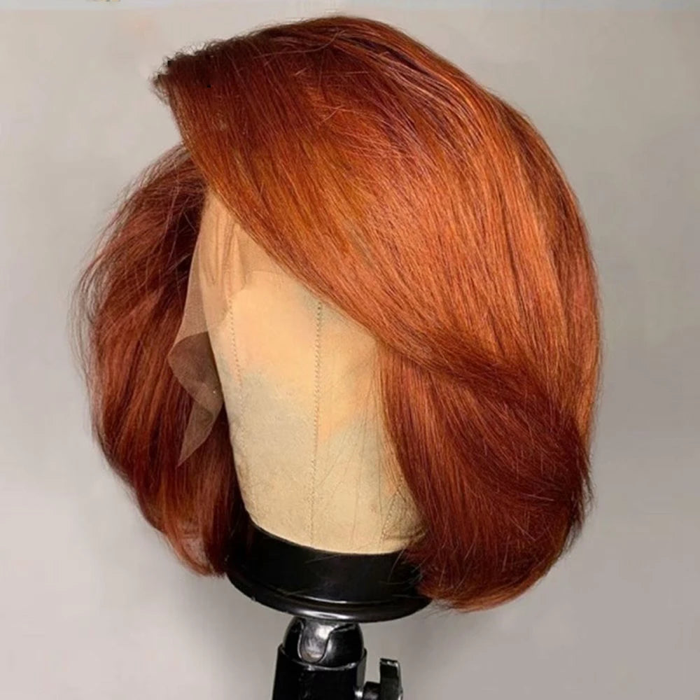 Soft Preplucked Ginger Orange Middle Part Silky Straight Short Blunt Bob Lace Front Wigs For Black Women With Baby Hair Daily