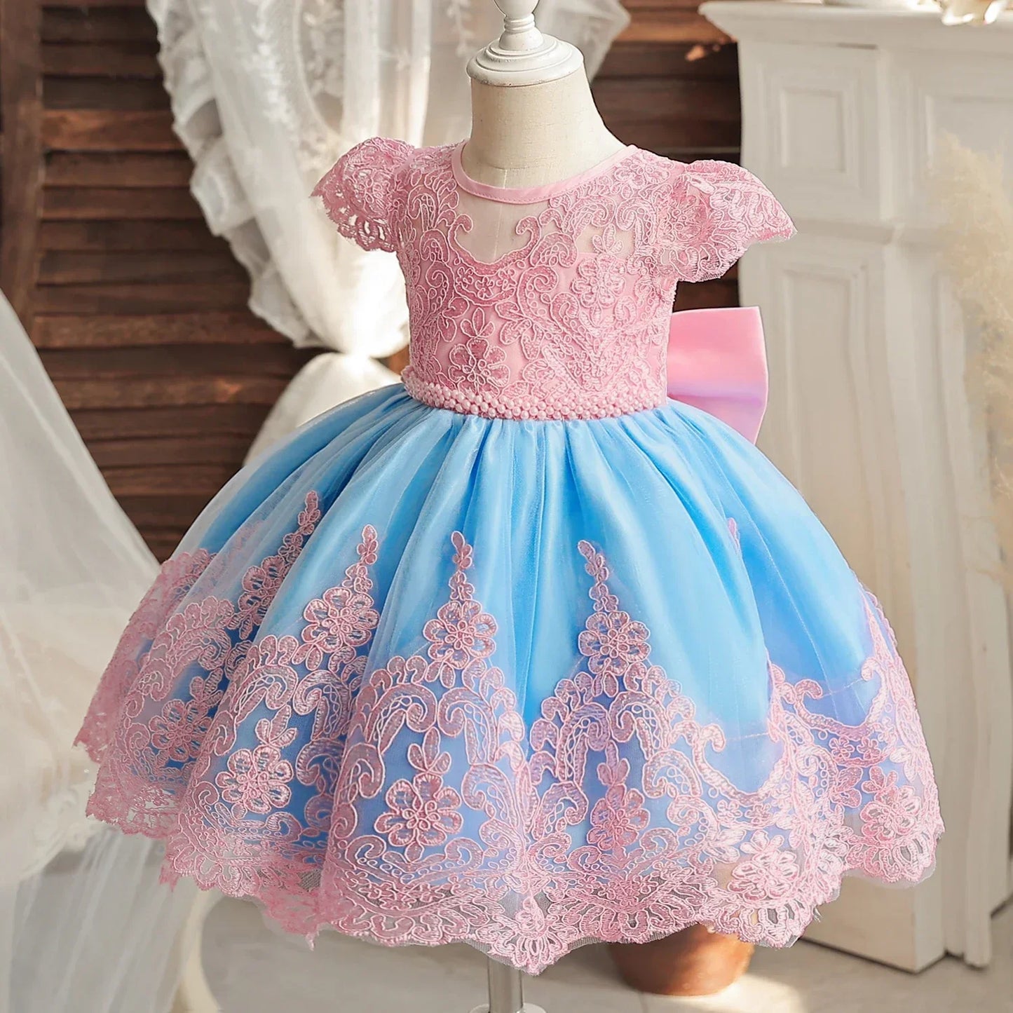 Vintage Girl Birthday Princess Dress Baby Embroidery Floral Bow Tutu Gown Flower Girl Wedding Dress Kid Formal OccasionGala Gown