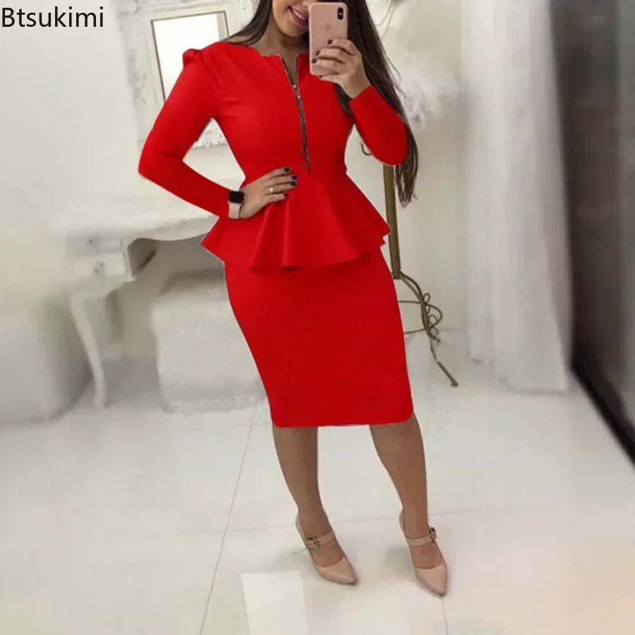 2024 Women's Formal Office Skirt Sets Solid Zipper V-neck Pencil Knee-Length Business OL Skrit Sets Female Two Pieces Dress Sets