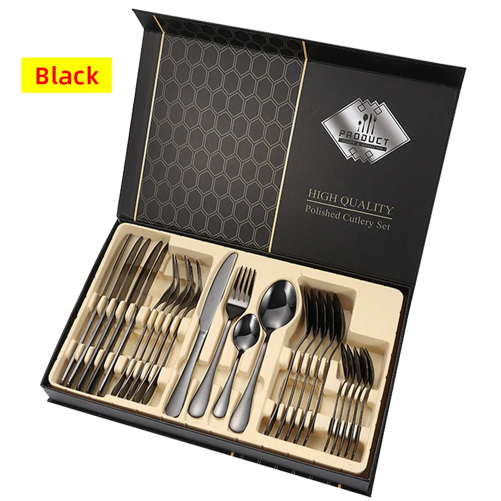 24Pcs Gold Cutlery Specular Light Stainless Steel Steak Knife Fork Spoon Teaspoon Upscale Restaurant Cutlery Set With Gift Box