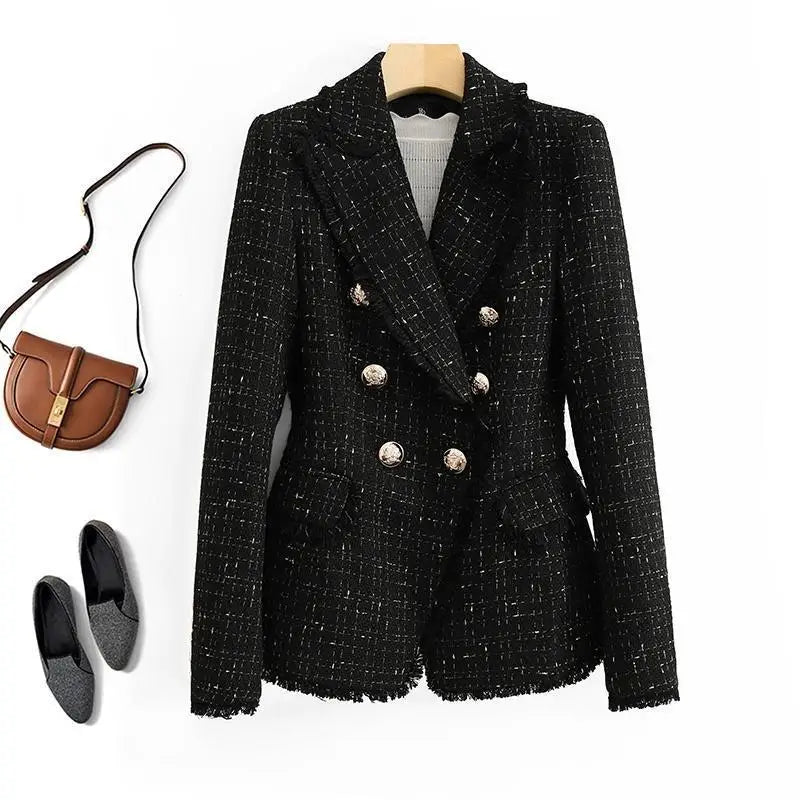 Small Fragrance Coat Women's Blazers 2023 New Spring Autumn Double-Breasted Gold Line Suit Jacket Lady Outerwear Tweed Blazer