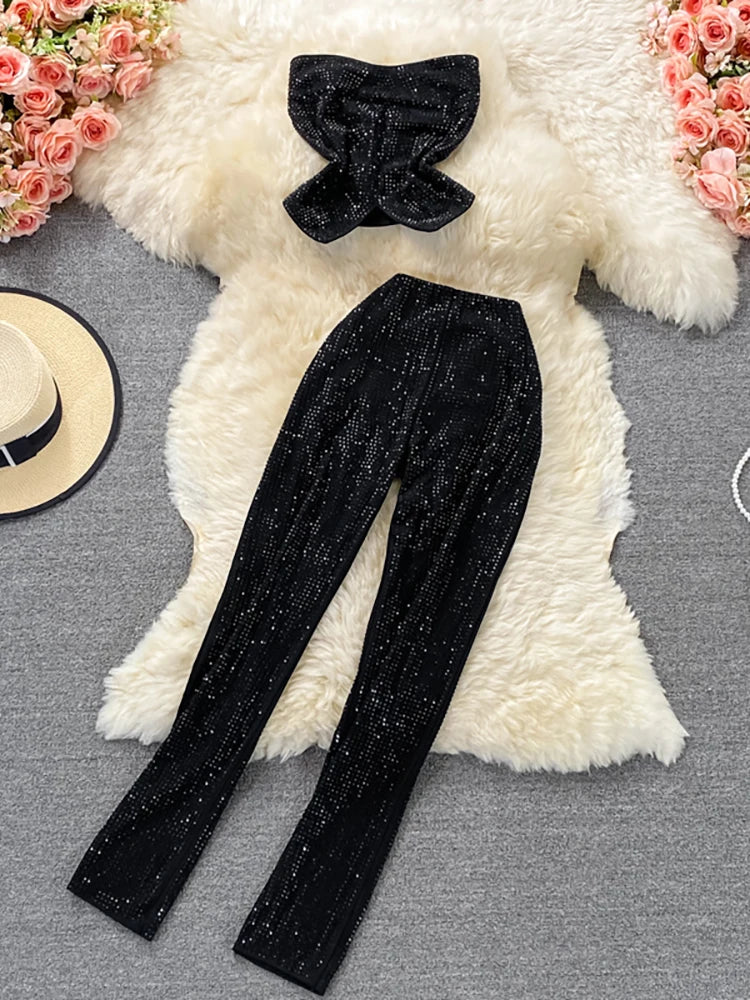 Sexy Women Black/White Diamonds Two Piece Set Party Slash Neck Off Shoulder Camis Tops + High Waist Pants Female Suit Autumn New