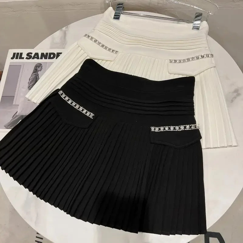 Preppy Style White Pleated A Line Dance Mini Skirts Women 2022 New Spring Autumn High Waist Pocket Stitching Puffy Short Skirt