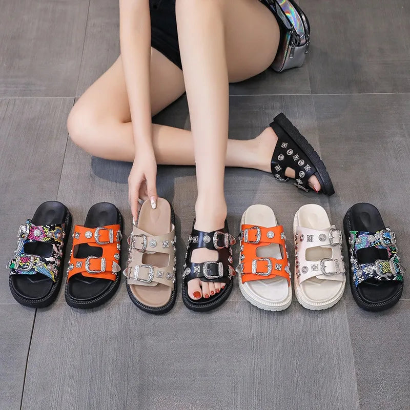 Metal Buckle Designer House Female Slippers Woman Orange Sandals Women Shoes Low Heel Summer Elegant And Fashion Women Shoes