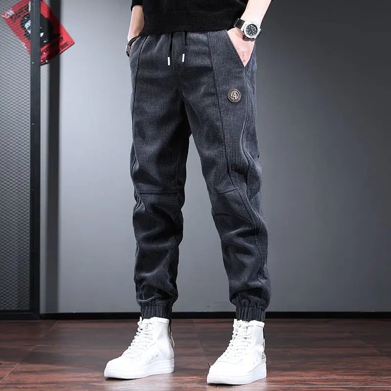 Autumn Winter KPOP Fashion Style Harajuku Slim Fit Sweat Pants Loose Solid Patchwork All Match Casual Pants Corduroy Sweatpants