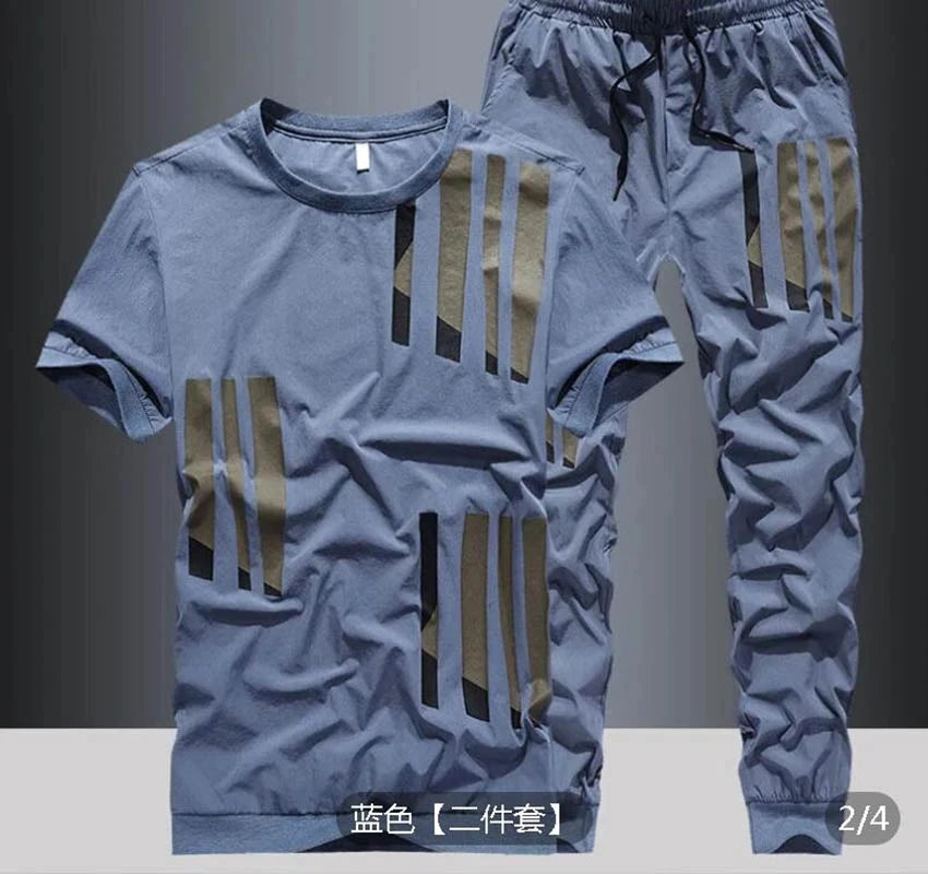 20234Summer New Ice Silk Suit Male Summer Youth Fashion Brand Short Sleeve T-Shirt Male Loose Pants Casual Sportswear Male