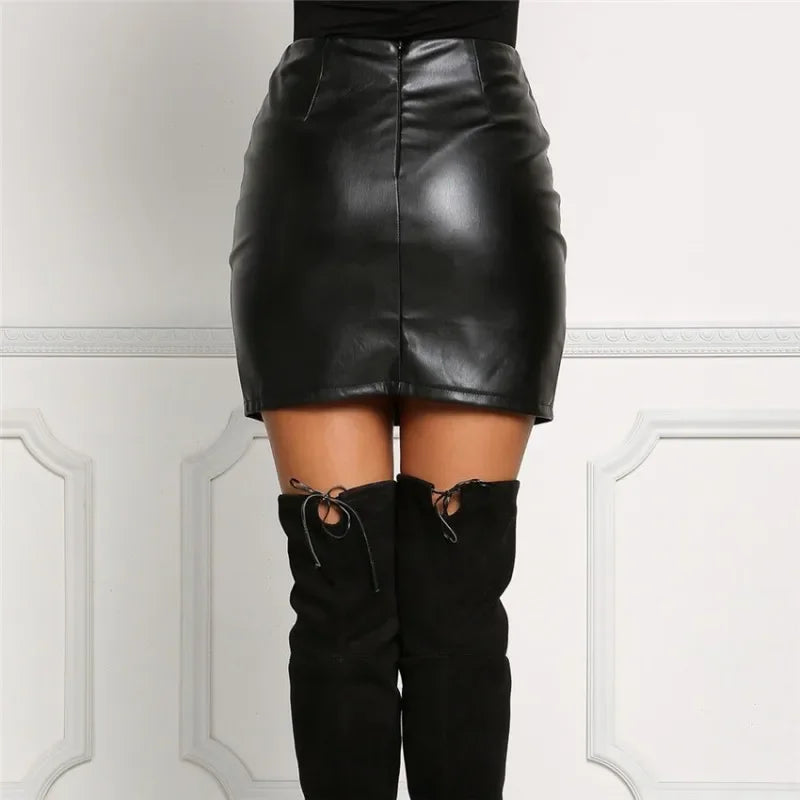 Sexy Girls Above Knee Black PU Leather Mini Skirts Spring Women High Waist Bodycon Front Split Elegant Short Skirt