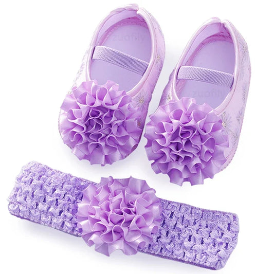 Spring Infant Baby Girl Shoes Newborn Lace Flowers Headband Anti-Slip Soft Sole First Walkers Toddler Kids Cotton Baptism Shoes