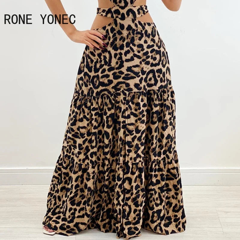 Women Elegant Lace Up Sexy Leopard Pattern Spaghetti Straps Midriff Ruffles Maxi Sexy Dresses