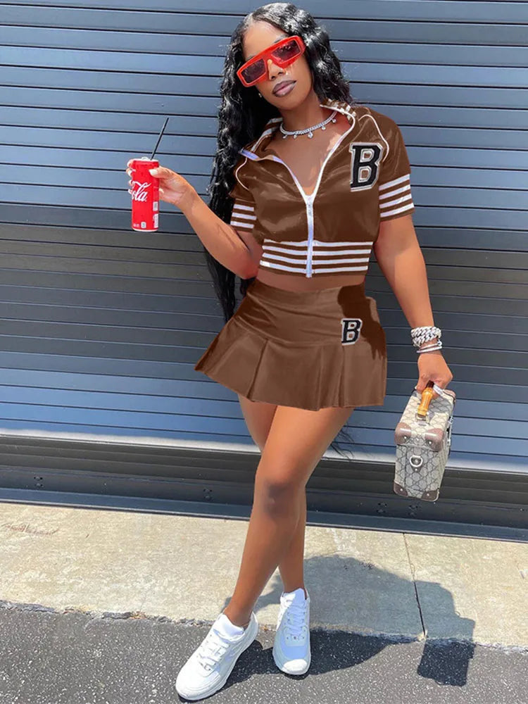 Women Casual Sports 2 Piece Set Letter Print Zipper Baseball Uniform Pleated Skirt Suit Summer Sporty Two Piece Skirt Sets 3XL