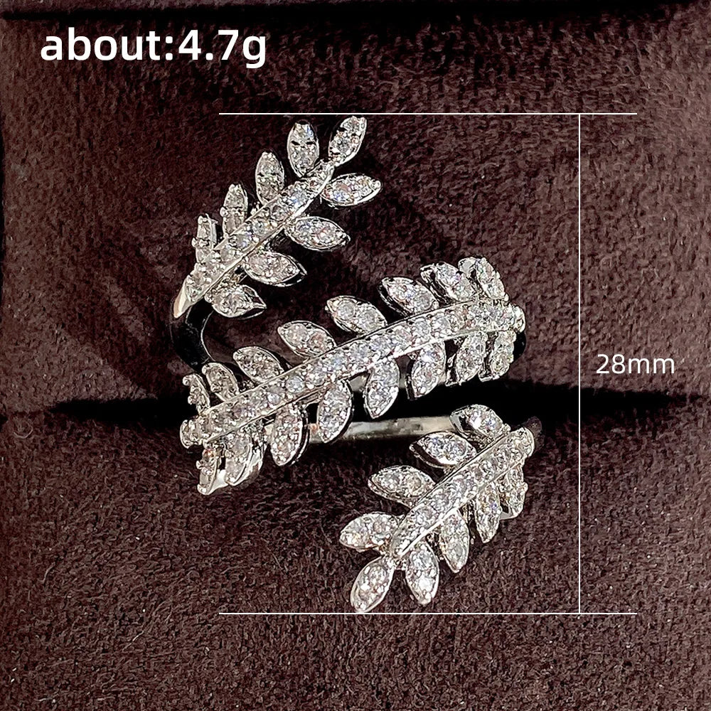 Huitan Trendy Leaf Rings for Women Micro Paved White Cubic Zirconia Luxury Bridal Wedding Party Finger-ring Statement Jewelry