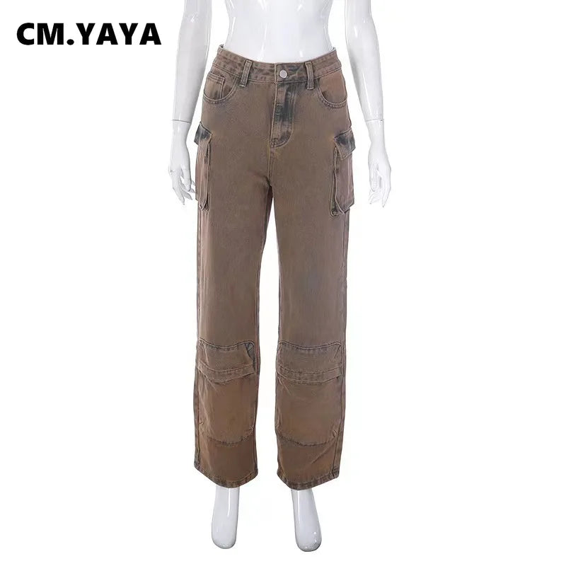 CM.YAYA Women Tie Dye Washed Wide Leg Multi Pocket Cargo Jeans 2024 Fashion Street Safari Style Denim Pants Trousers