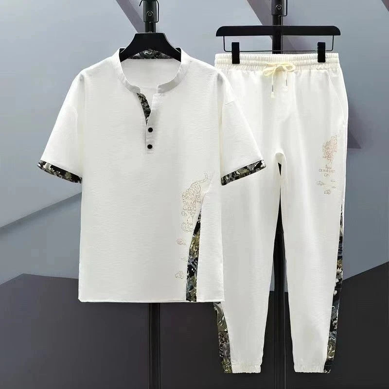 (Shirt + trousers) 2024 summer fashion men shirt Cotton shirts men's sets High quality shirts Two Piece size M-4XL TZ0195