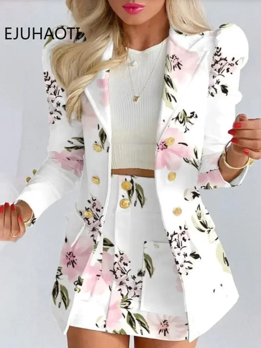 Women's Spring Long Sleeve Solid Color Jacket With Mini Skirt Two-piece Suit Tailleur Femme Blazer And Set Dress Free Shipping