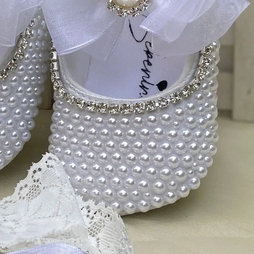 Dollbling Handmade White Pearls Bling Rhinestone Baby Crib Shoes Christening Outfit Wedding Sparkle Organza Baptism 0-3m Shoes