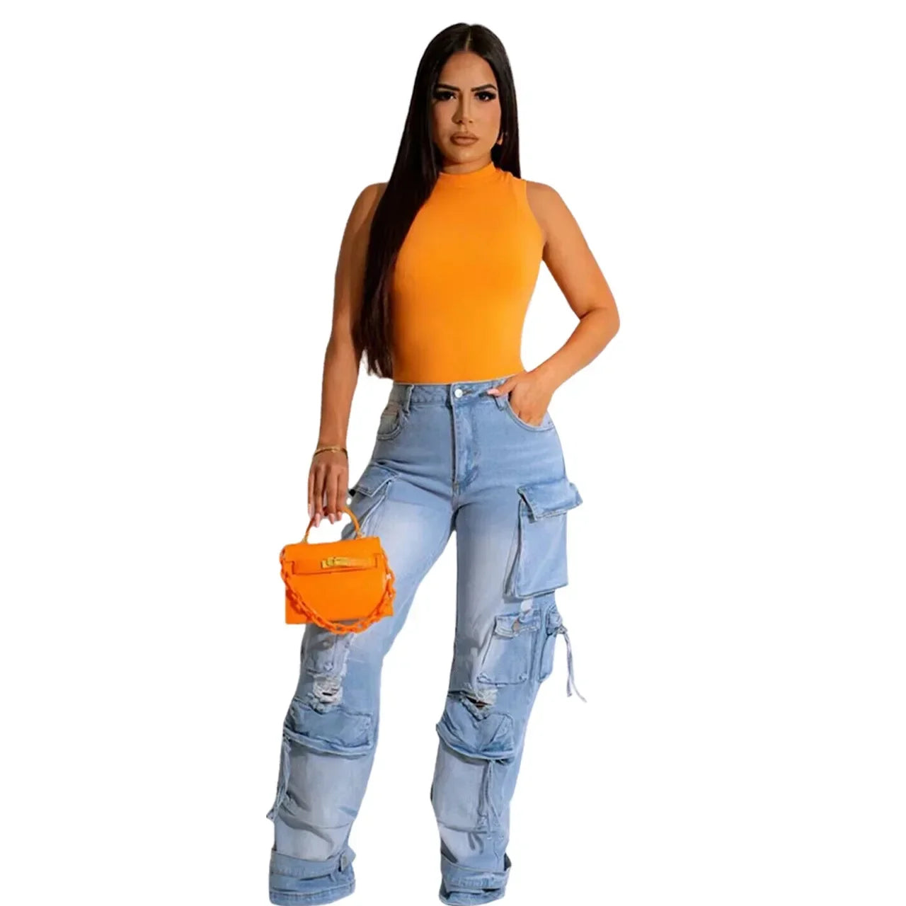 Denim Pocket Pants Jeans Women Streetwear Retro Loose Wide Leg Overalls Vintage Button Long Capris Sporty Y2k Cargo Pants