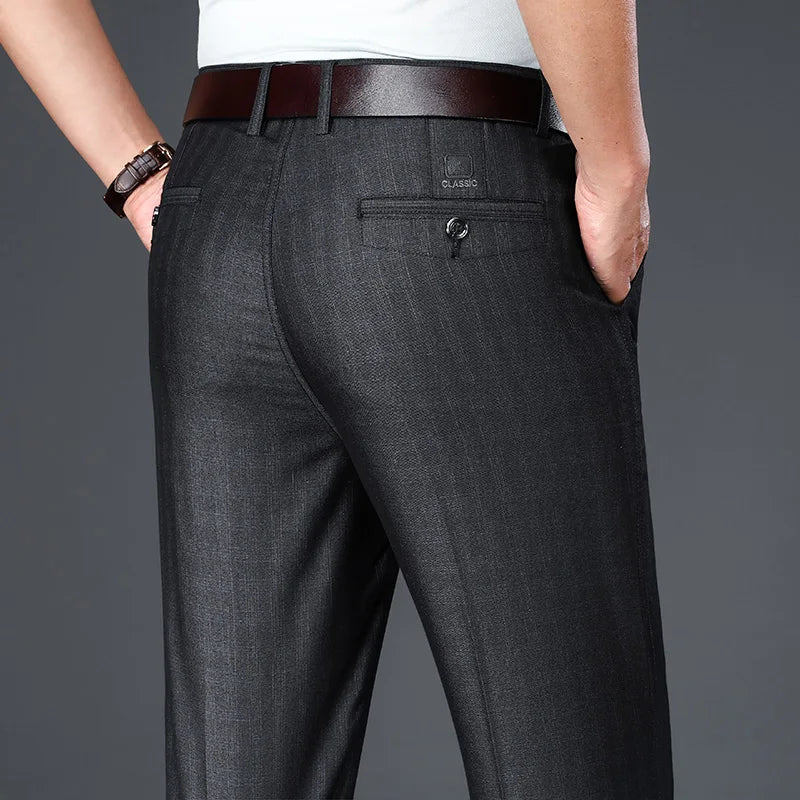 Mens Suit Pants Business Casual Pleated Trousers Classic Fashion Dress Pants Straight Stretch Wrinkle-Free Trousers Male Clothes