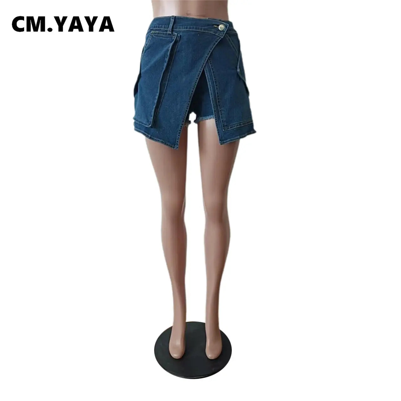 CM.YAYA Women Fashion Zipper Fly Wrap Front Flare Skirt Style Denim Shorts 2023 Street Vintage Blue Jeans Shorts