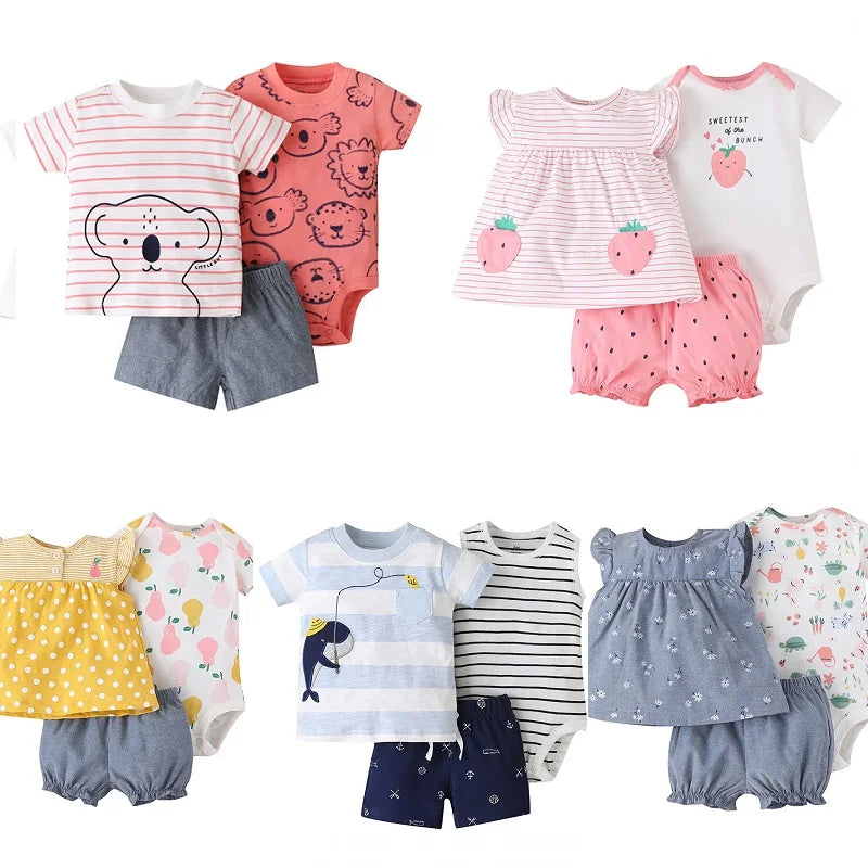 Infant Toddler Baby Girl Boy Clothes Set 2024 Summer Bebe T-shirt+Bodysuit+Shorts 3Pieces Suit New born Baby Outfit