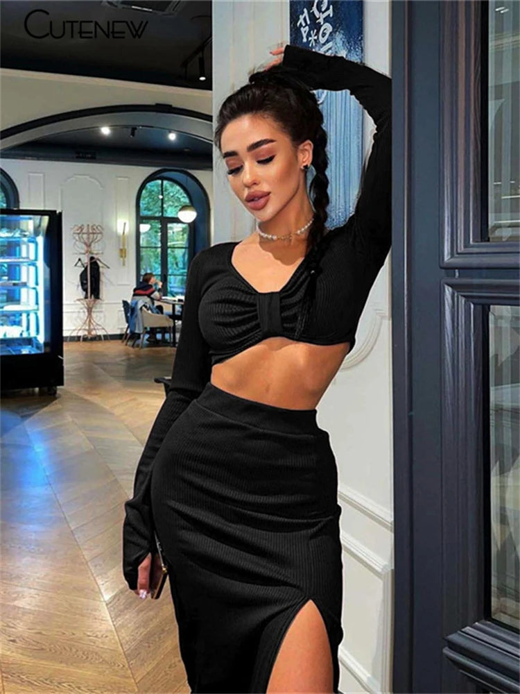 Cutenew Elegant Solid Black 2 Pieces Set Women Outfit Long Sleeves Crop Top+High Waist Side Slit Skirts Matching Lady Streetwear