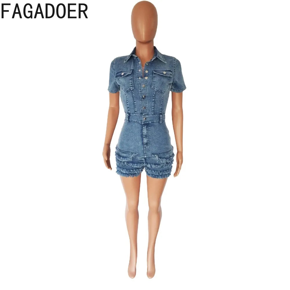 FAGADOER Fashion Denim Fur Tassels Shorts Rompers Women Turndown Collar Short Sleeve Slim Jumpsuits Casual Solid Button Overalls