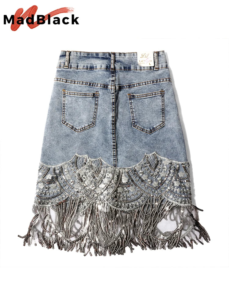 Summer Korean Sexy Women Denim Mini Skirts High Waist Blue Package Hip Jeans Fashion Beading Tassel SKirt New Hot 2022 B05601