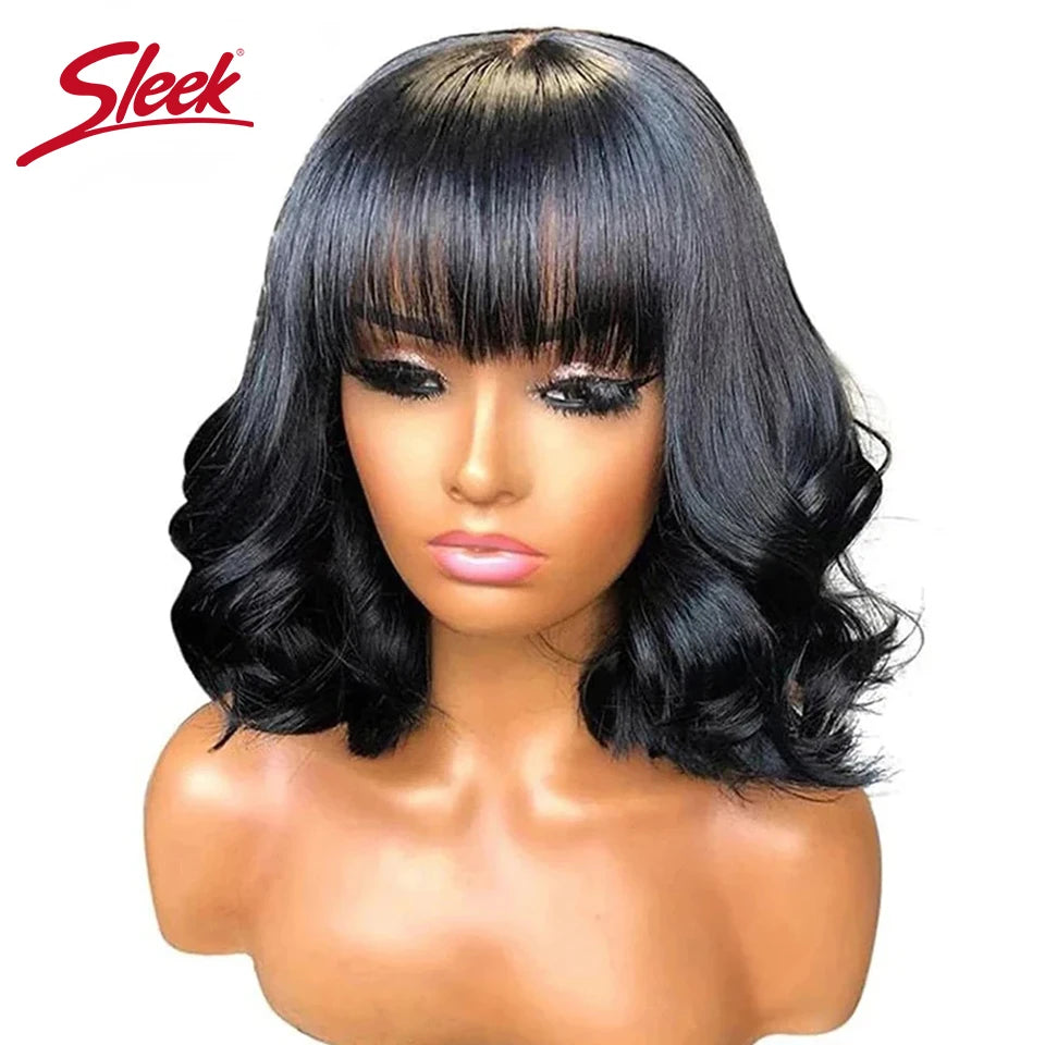 Short Bob Wig Loose Body Wave Wig With Bangs Brazilian Remy 100% Human Hair Wigs For Black Full Machine Glueless Wavy Bob Wigs