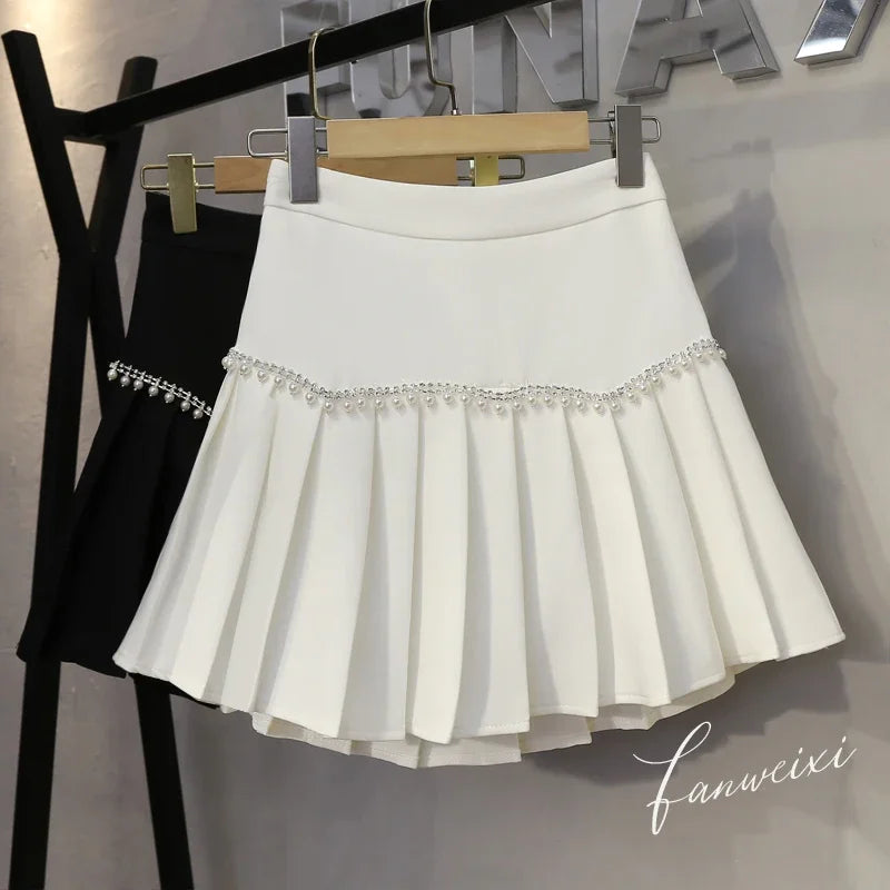 Preppy Style White Pleated A Line Dance Mini Skirts Women 2022 New Spring Autumn High Waist Pocket Stitching Puffy Short Skirt