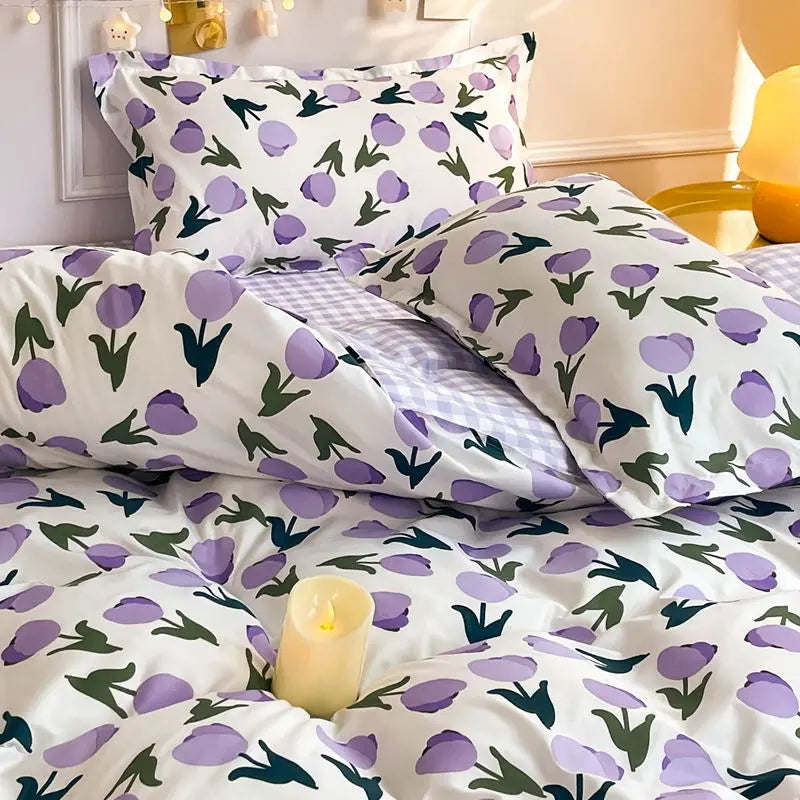 Ins Style Bedding Set No Filler Purple Tulip Fashion Duvet Cover Flat Sheet Pillowcase Girls Boys Single Double Size Bed Linen