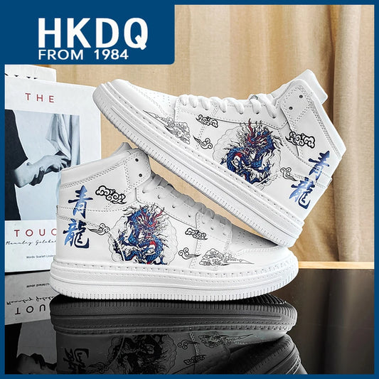 HKDQ Chinese Style Dragon Men's High Sneakers White Leather Trendy Casual Sneakers Man Fashion Outdoor Skateboard Shoes For Men