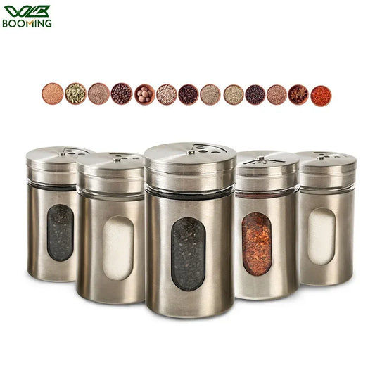 WBBOOMING Stainless Steel Seasoning Spice Storage Box Condiment Bottles Shaker Jars Organizer BBQ Cooking Herbs Toothpick Holder