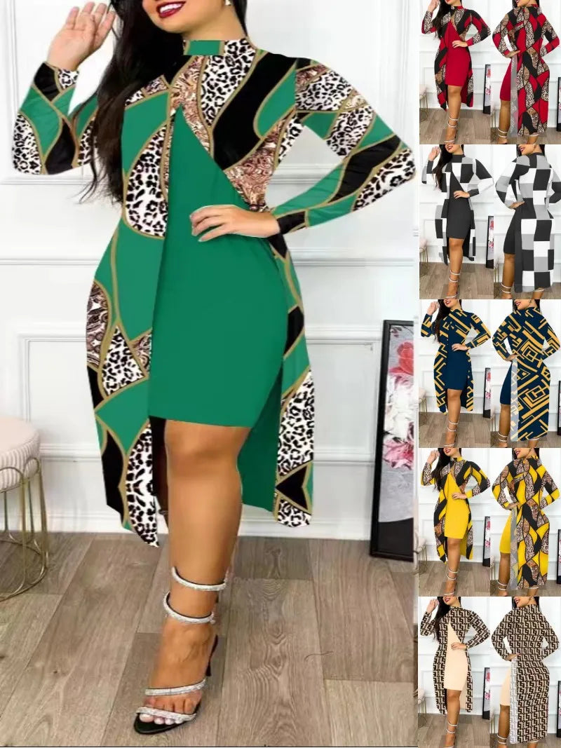 Two Piece Set Women Print Dresses Sets Full Sleeve Half High Collar Split Cardigan Dress Suits Elegant A Line Office Lady