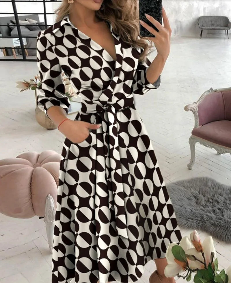 Women Dress Spring And Summer New Fashion Three Quarter  Sleeve V-Neck Printed Women's Dress With Waist Tie Up Polo Long Dress