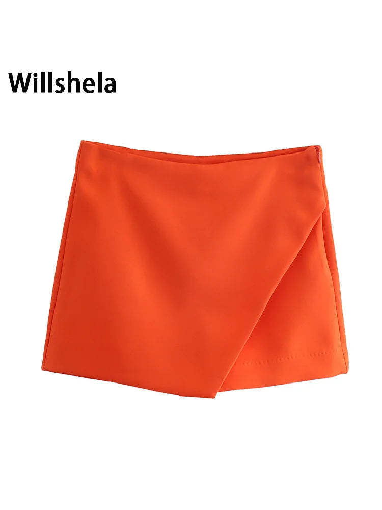 Willshela Women Fashion Asymmetrical Shorts Skirts High Waist Back Pockets Side Zipper Vintage Female Skort Solid