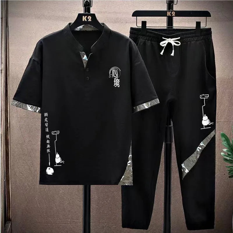 (Shirt + trousers) 2024 summer fashion men shirt Cotton shirts men's sets High quality shirts Two Piece size M-4XL TZ0195